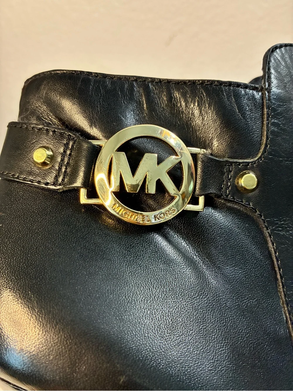 Michael Kors Wyatt 10M Black Leather Stiletto Ankle Boots with Gold MK Accent